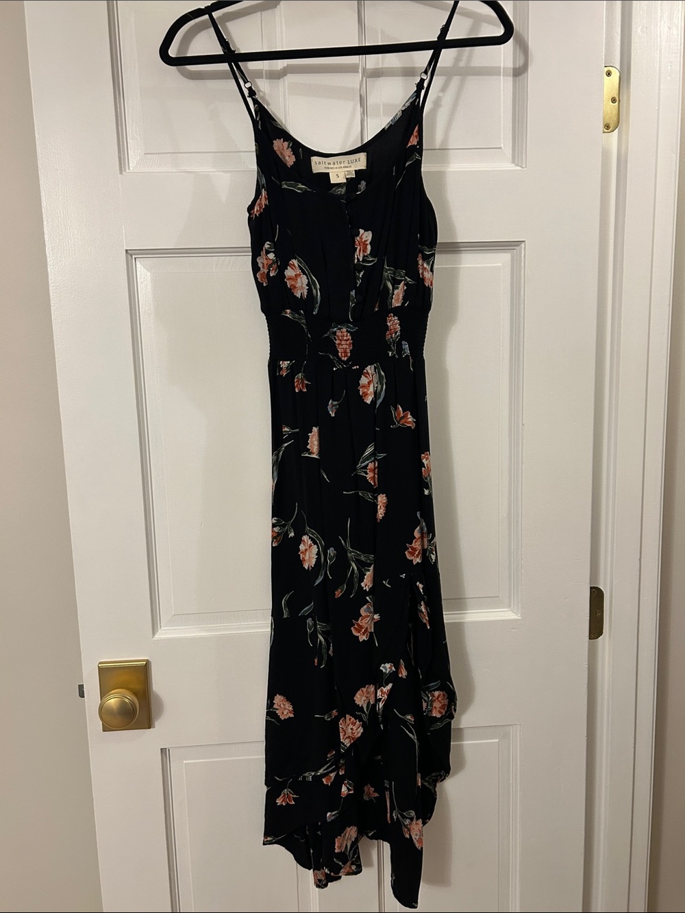 NWOT Saltwater Luxe Black Floral Button-Front Smocked Maxi Dress Size Small